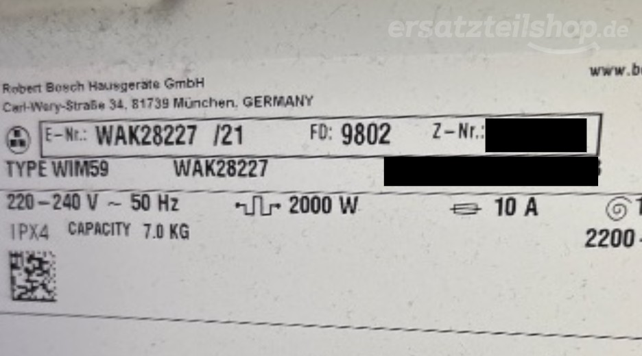 Typenschild Bosch WAK28227/21