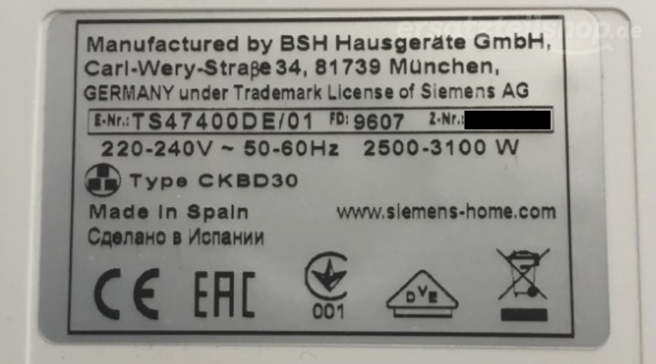 Typenschild Siemens TS47400DE/01