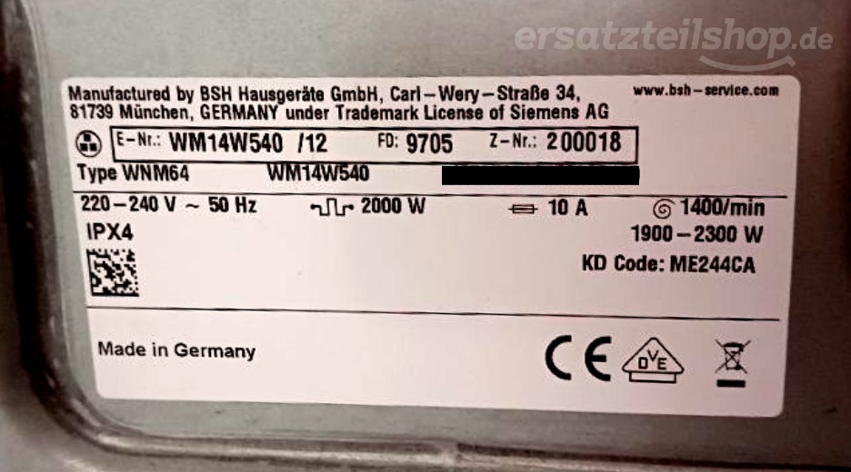 Typenschild Siemens WM14W540/12