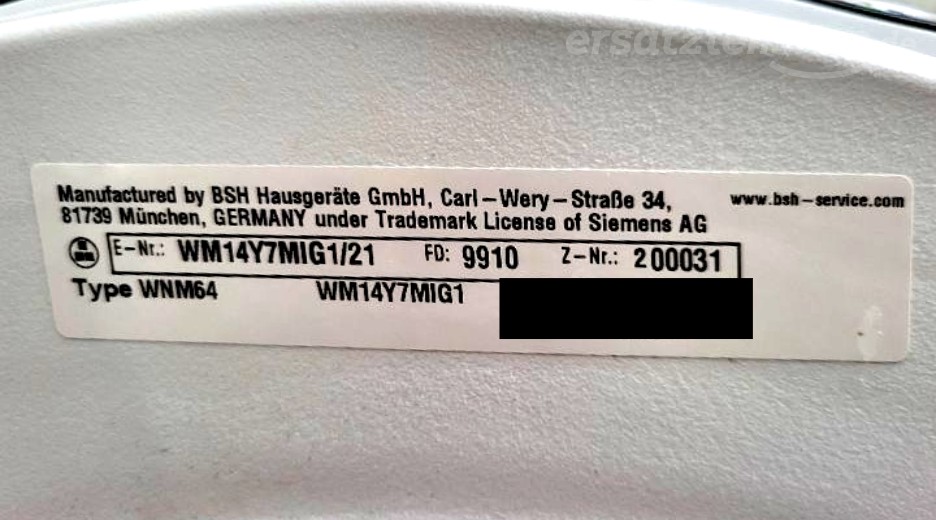Typenschild Siemens WM14Y7MIG1/21