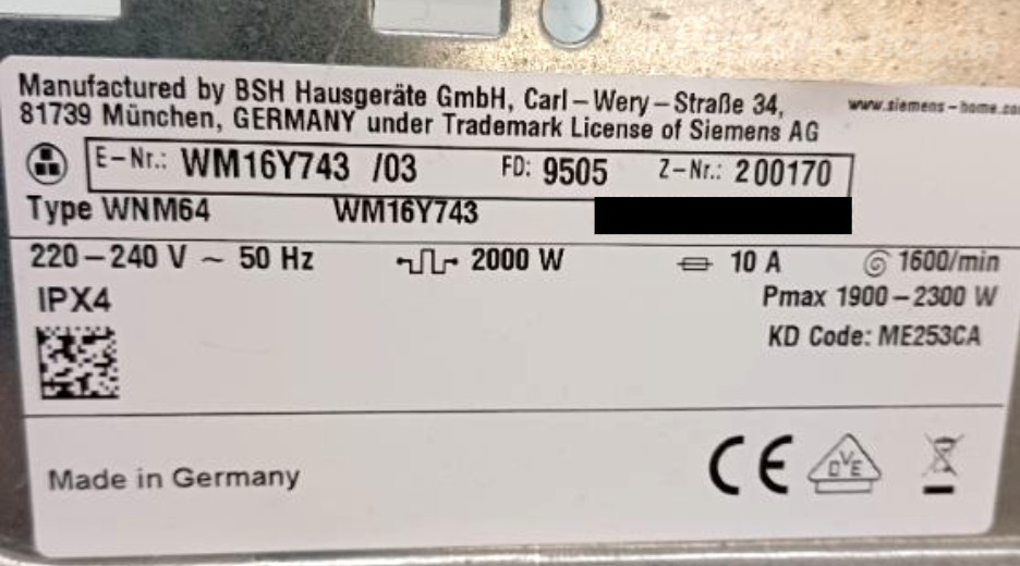 Typenschild Siemens WM16Y743/03