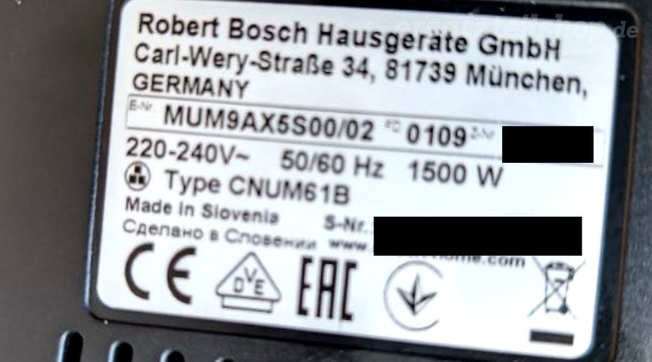 Typenschild Bosch MUM9AX5S00/02