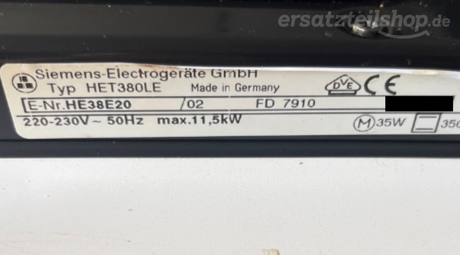 Typenschild Siemens HE38E20/02