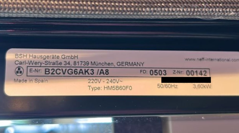 Typenschild Neff B2CVG6AK3/A8