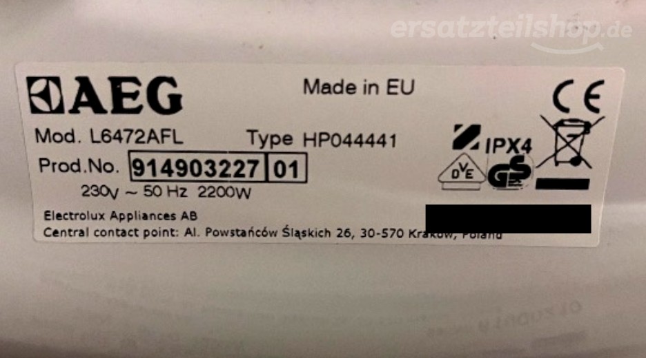 Typenschild AEG L6472AFL 91490322701