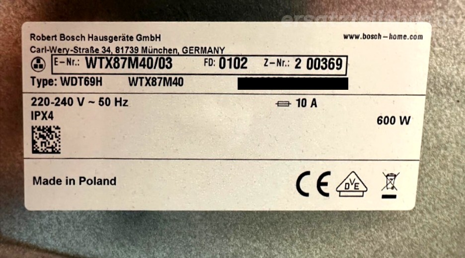 Typenschild Bosch Sonicare ProtectiveClean 4300 WTX87M40/03