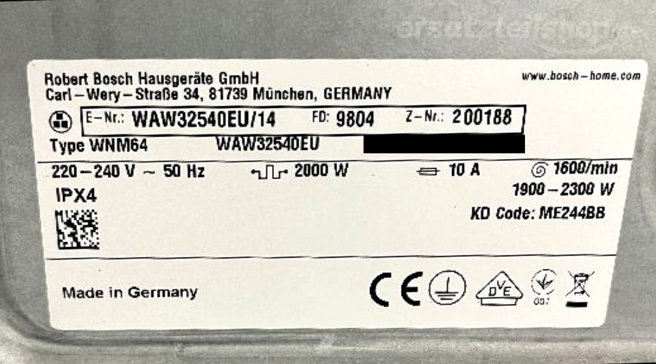 Typenschild Bosch WAW32540EU/14