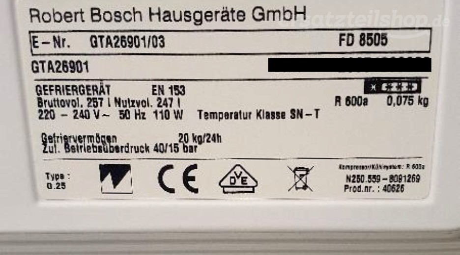 Typenschild Bosch GTA26901/03