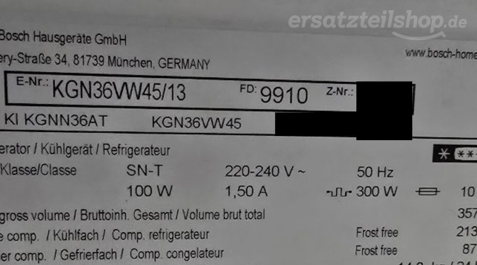 Typenschild Bosch H 2265-60 E KGN36VW45/13