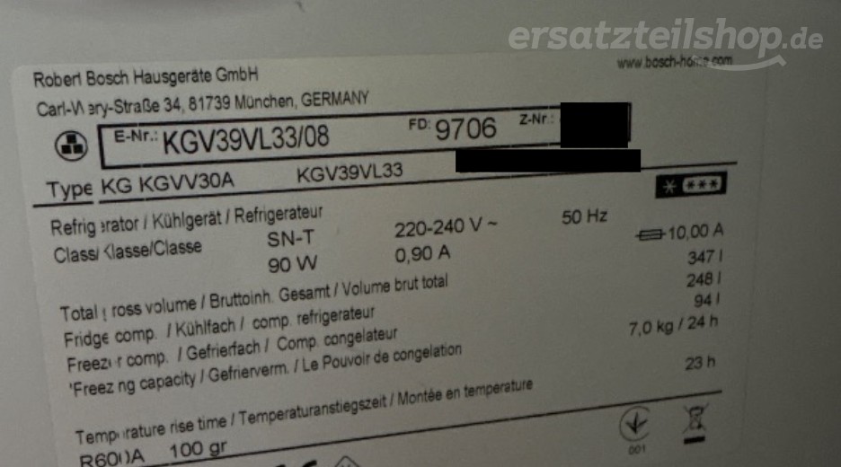 Typenschild Bosch KGV39VL33/08