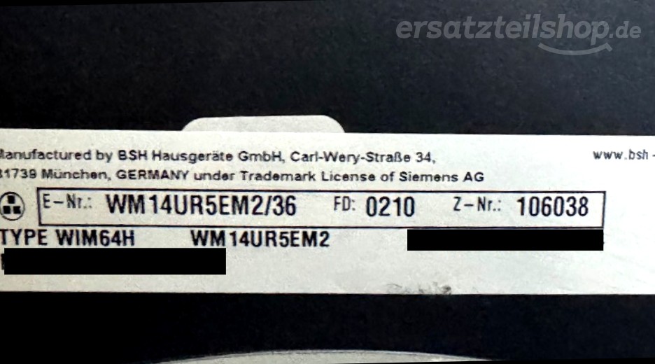 Typenschild Siemens WM14UR5EM2/36