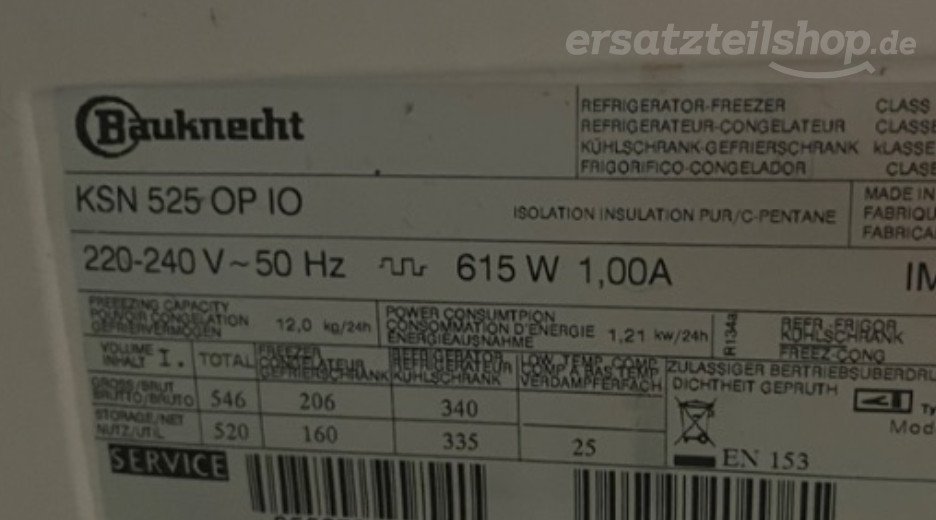 Typenschild Bauknecht KSN 525 OP IO 855038011000