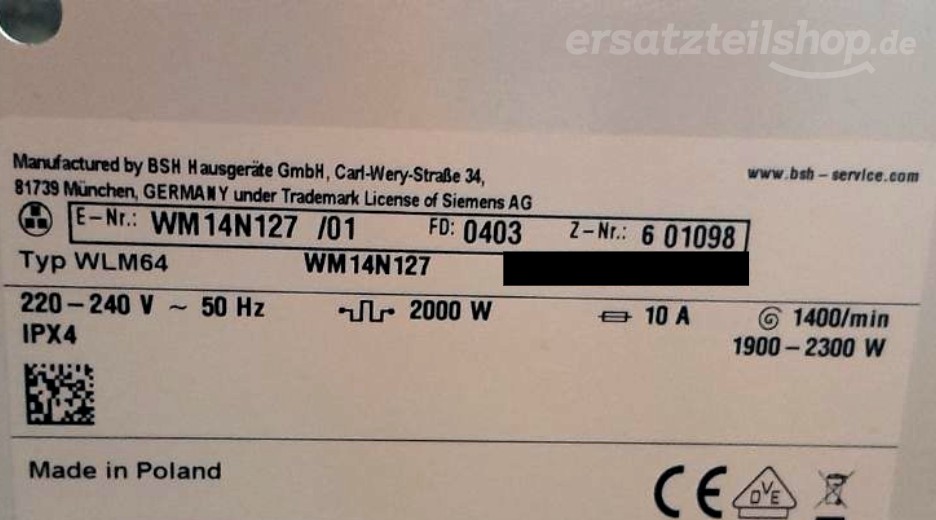 Typenschild Siemens WM14N127/01