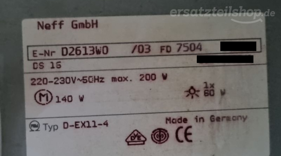 Typenschild Neff DS 15 D2613W0/03