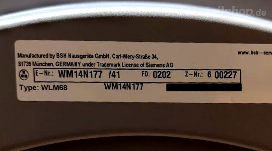 Typenschild Siemens WM14N177/41