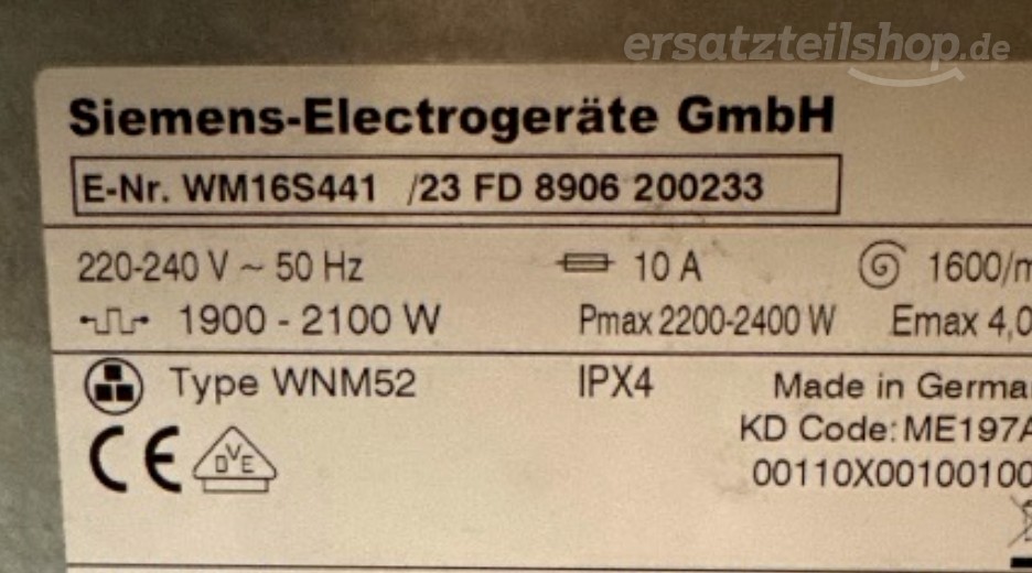 Typenschild Siemens WM16S441/23