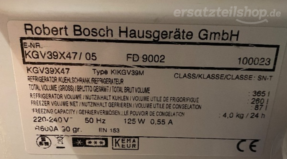 Typenschild Bosch KGV39X47/05