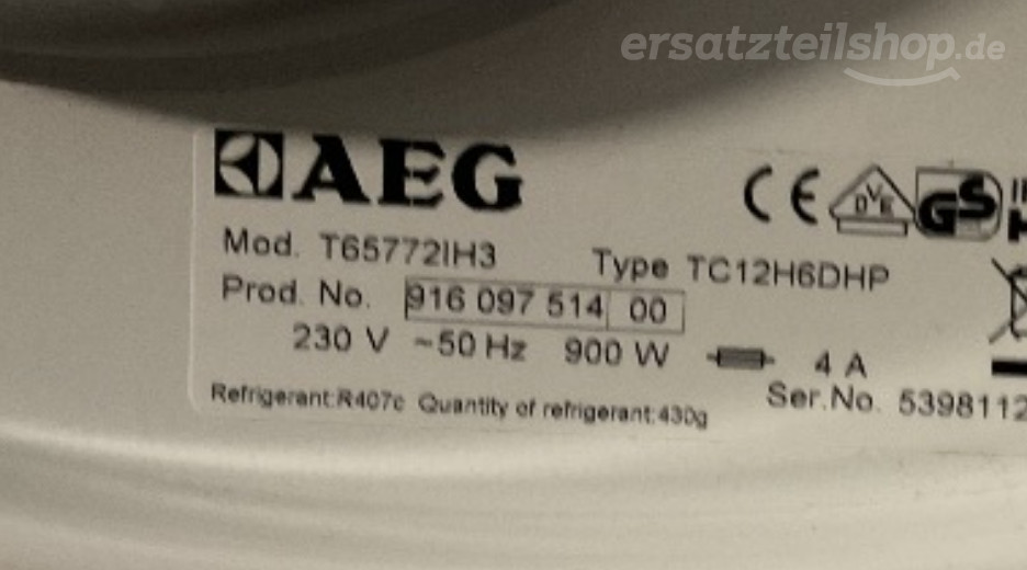 Typenschild AEG T65772IH3 91609751400