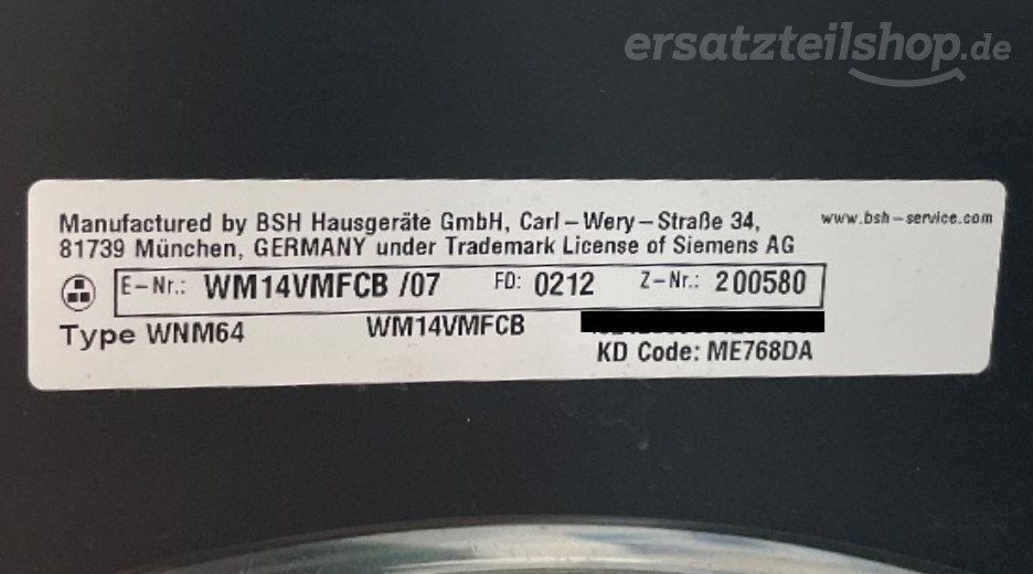 Typenschild Siemens WM14VMFCB/07