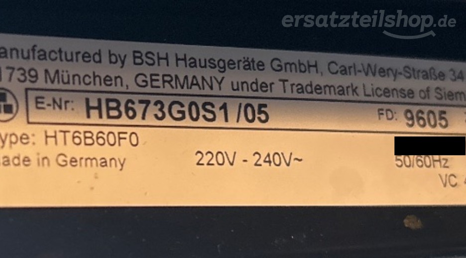 Typenschild Siemens HB673G0S1/05