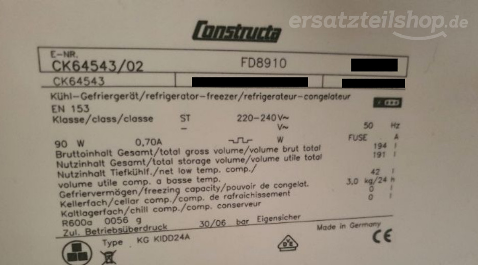 Typenschild Constructa CK64543/02
