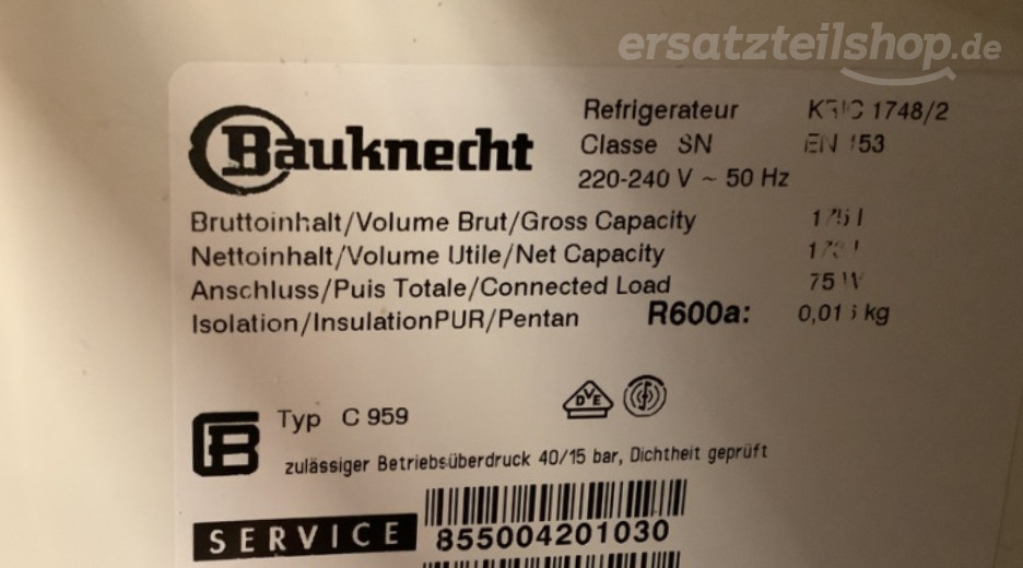 Typenschild Bauknecht KRIC 1748/2 855004201030