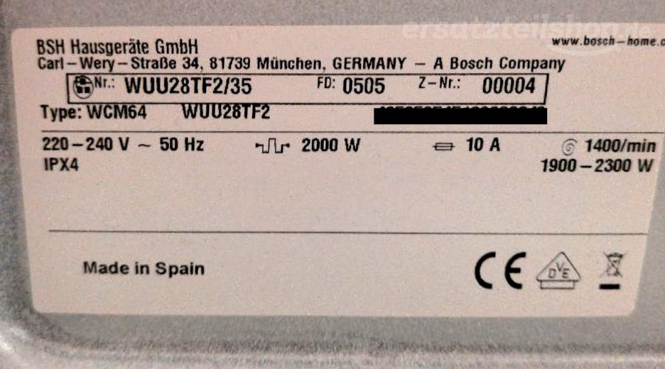 Typenschild Bosch WUU28TF2/35