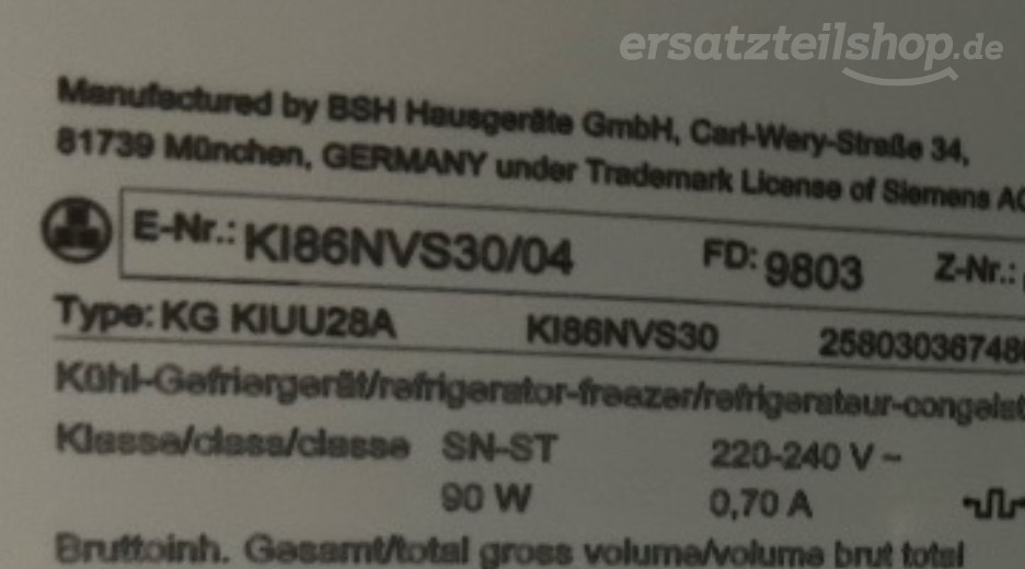 Typenschild Siemens KI86NVS30/04