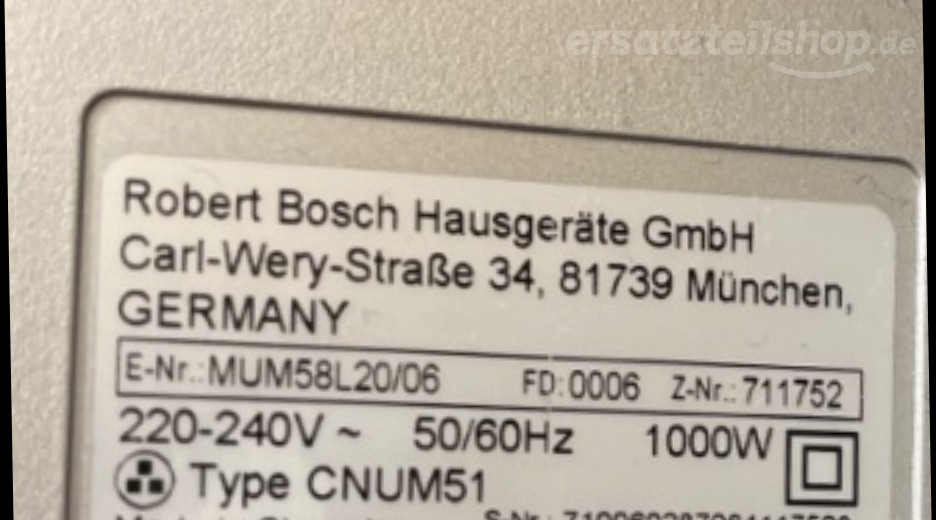 Typenschild Bosch MUM58L20/06