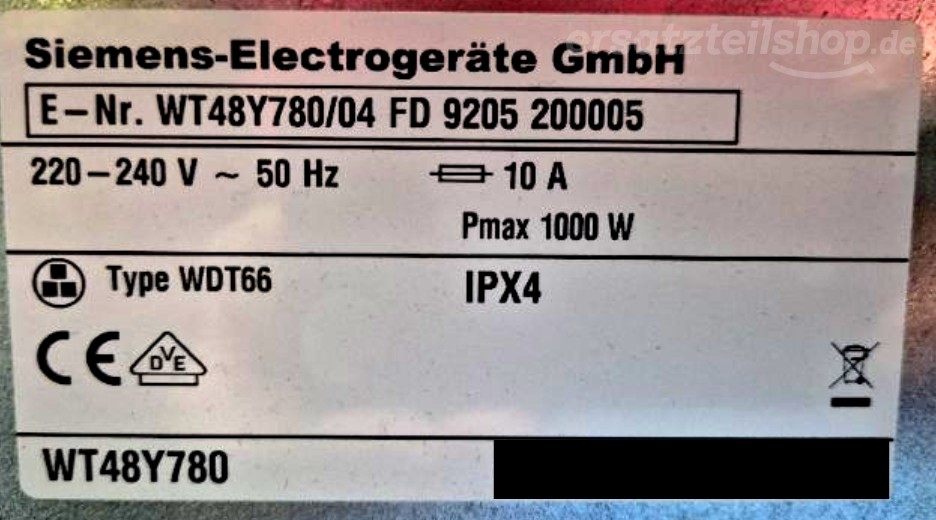 Typenschild Siemens WT48Y780/04