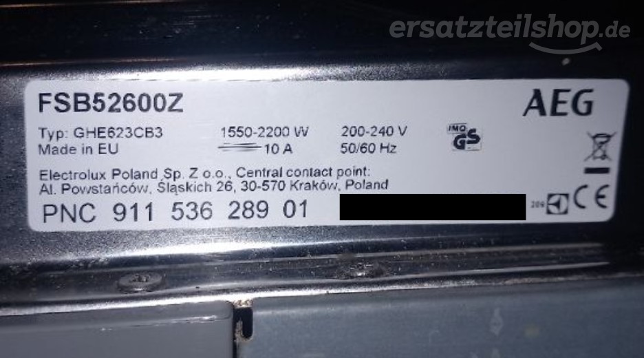 Typenschild AEG FSB52600Z 91153628901