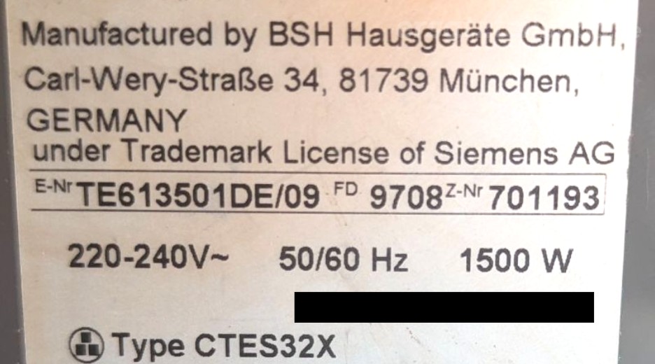 Typenschild Siemens TE613501DE/09