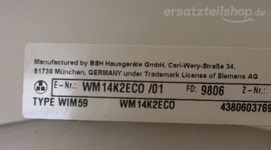 Typenschild Siemens WM14K2ECO/01