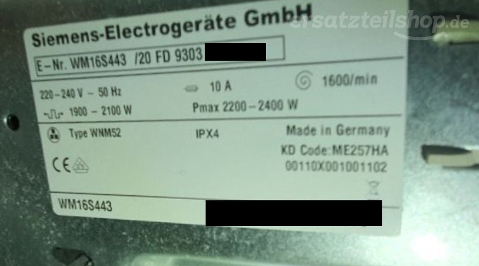 Typenschild Siemens WM16S443/20