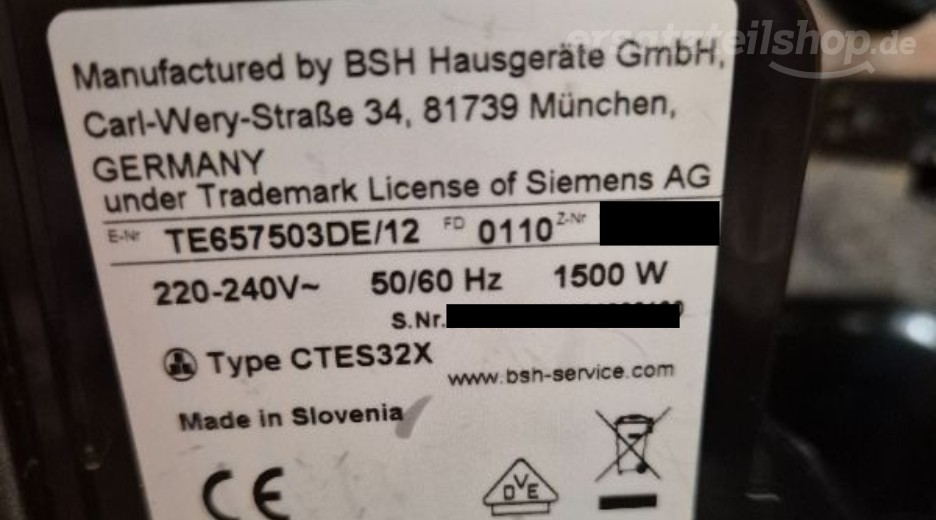 Typenschild Siemens TE657503DE/12