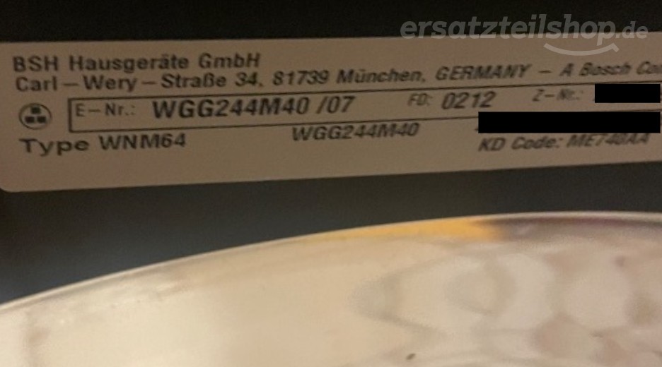 Typenschild Bosch WGG244M40/07