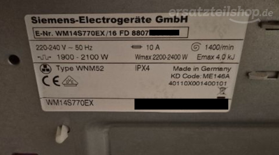 Typenschild Siemens S 14-77 WM14S770EX/16