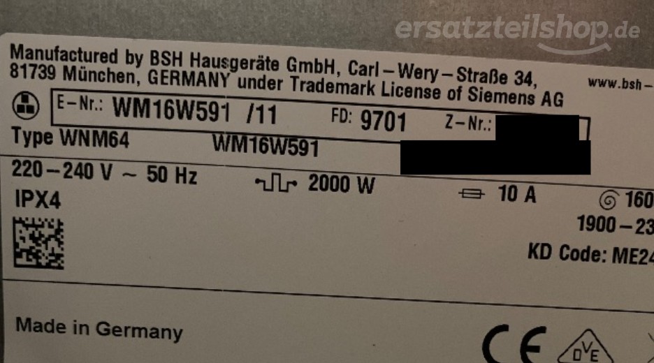 Typenschild Siemens WM16W591/11