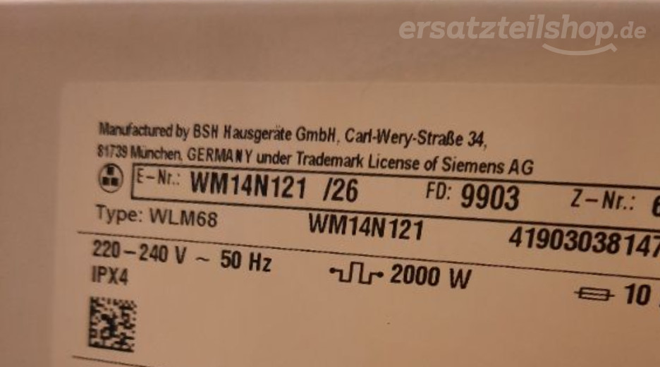 Typenschild Siemens WM14N121/26