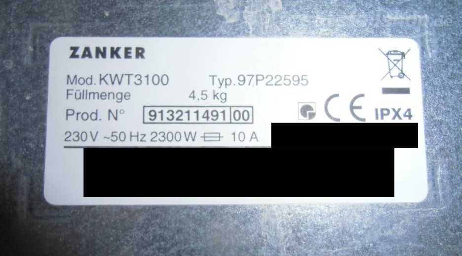 Typenschild Zanker KWT3100 91321149100