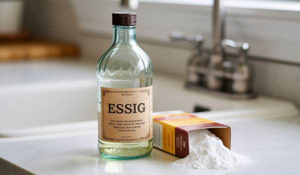 Haushaltsgeräte Reinigung mit Essig und Backpulver Flasche Essig und Packung Backpulver zum reinigen von Haushaltsgeräten