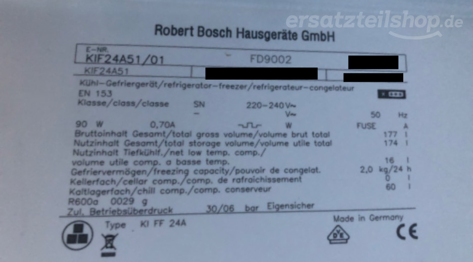 Typenschild Bosch KIF24A51/01