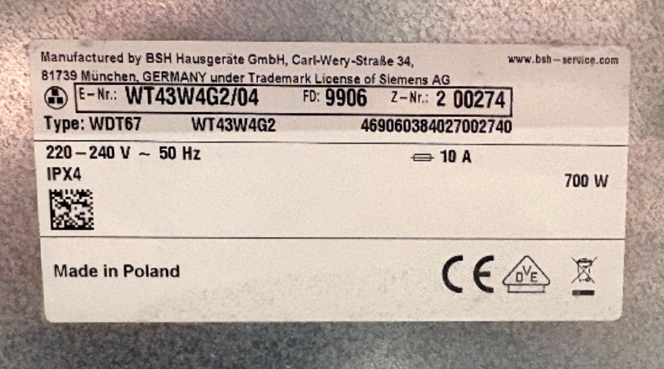 Typenschild Siemens WT43W4G2/04