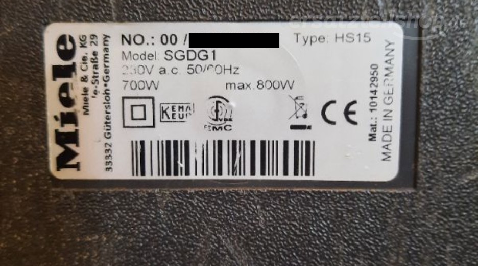 Typenschild Miele SGDG1 SGDG1