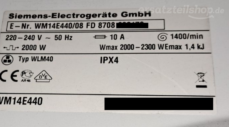Typenschild Siemens E 14-44 WM14E440/08
