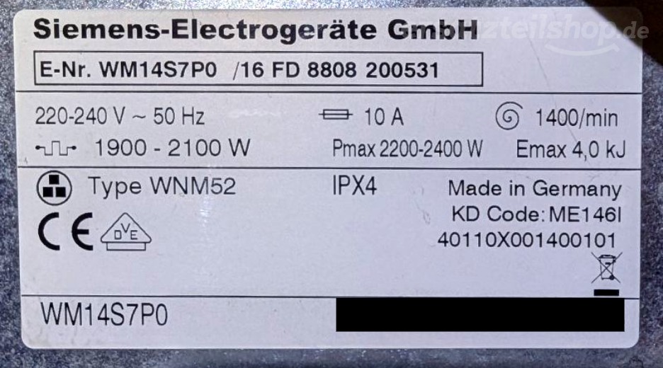 Typenschild Siemens S 14-7P WM14S7P0/16
