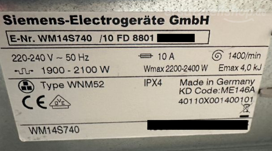 Typenschild Siemens S 14-74 WM14S740/10