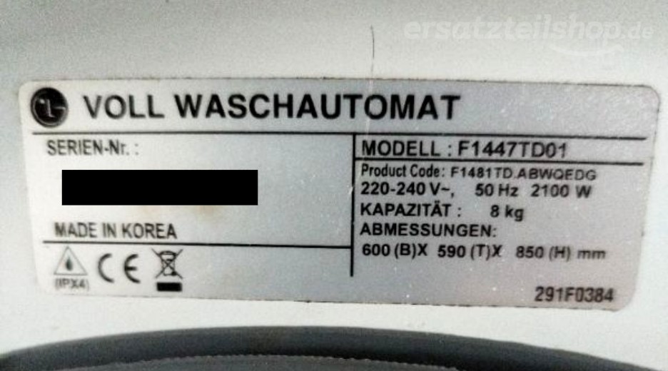 Typenschild LG F1447TD01.ABWQEDG F1447TD01.ABWQEDG