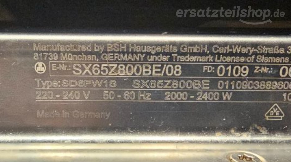 Typenschild Siemens SX65Z800BE/08 