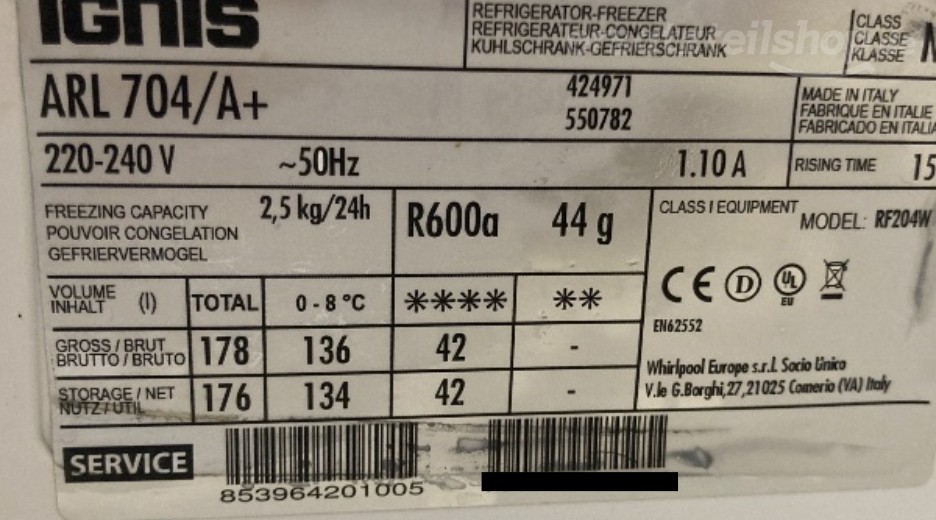 Typenschild Ignis ARL 704/ A+ 853964201005